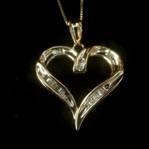 Open heart baguette 1/4cttw. diamond channel set pendant 14K necklace 18"